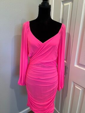 Sleek Neon Pink Long-Sleeve Ruched Wrap Dress